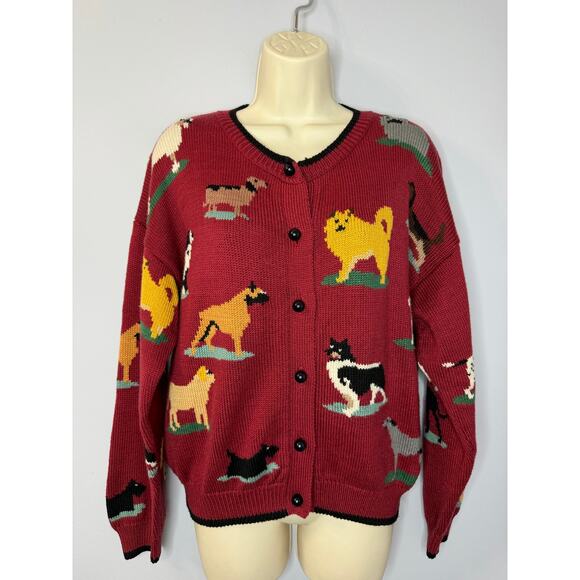 VTG Christine Foley Dogs Knit Cardigan Sweater Women's S (1) Red 90s Dog Pets - Picture 5 of 13